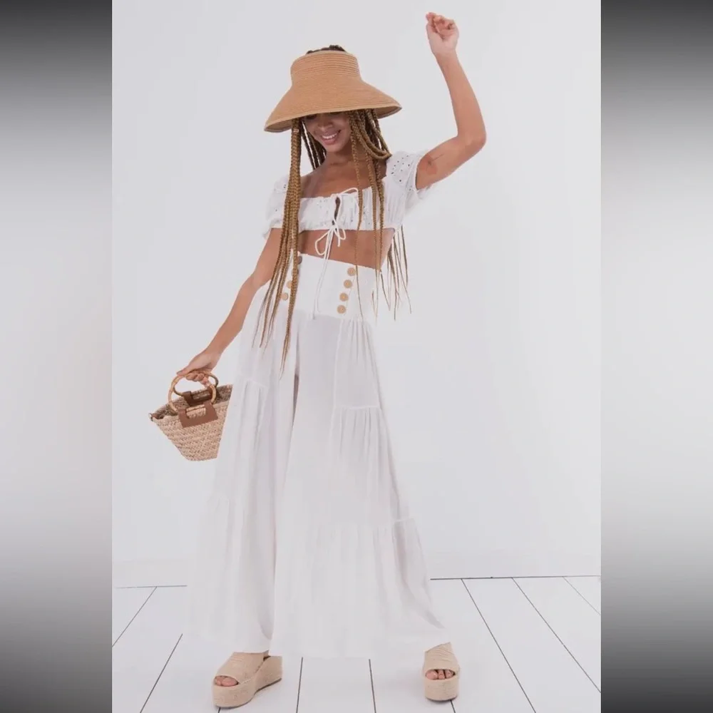 08 Boho Wide Leg Pants With Buttons - Picture 2 of 4